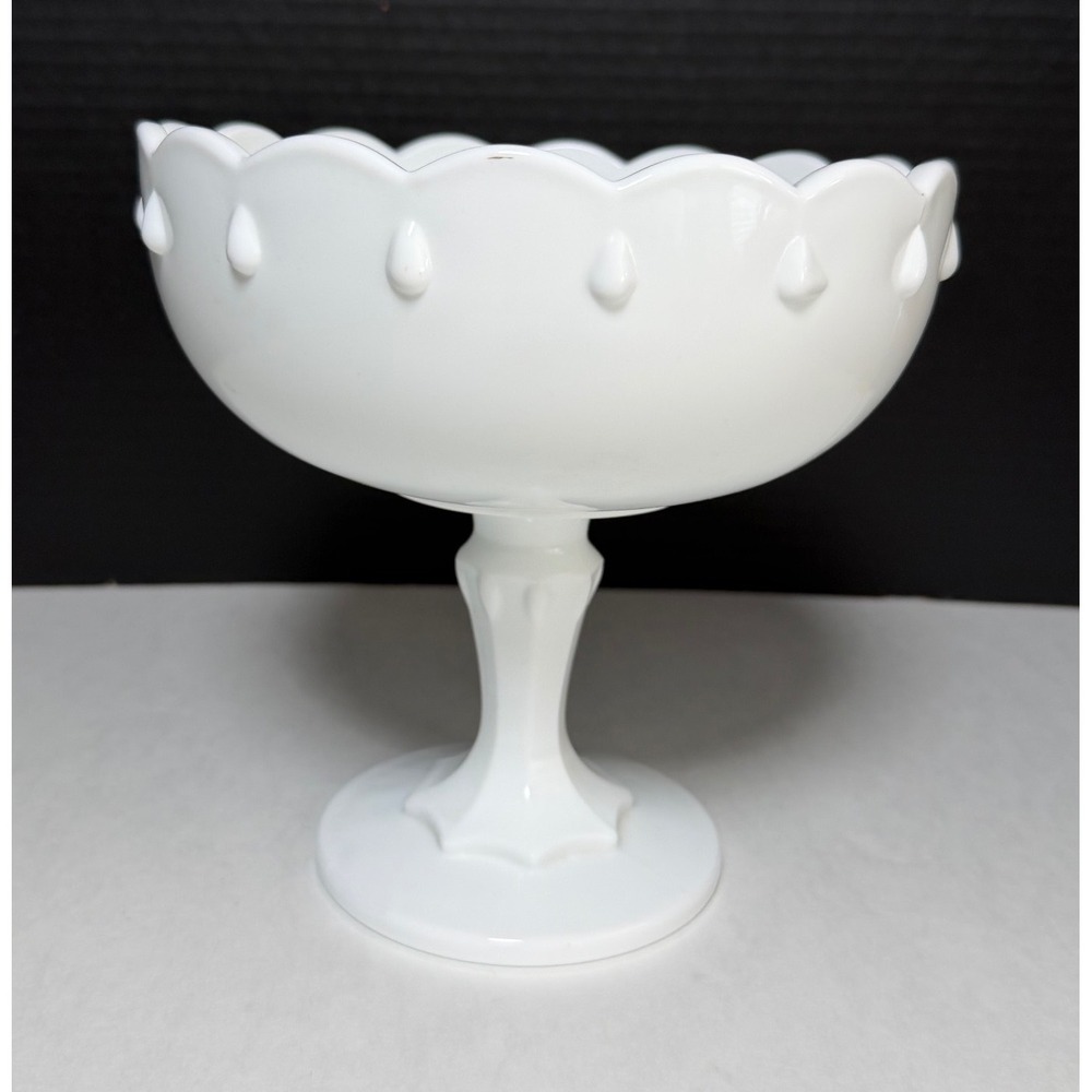 VTG Indiana White Milk Glass Scalloped Teardrop Pedestal Compote Candy Dish